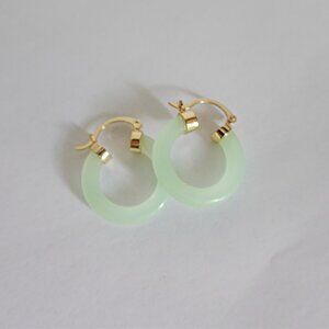 Chinese Green Jade Hoop Gold Filled Earrings